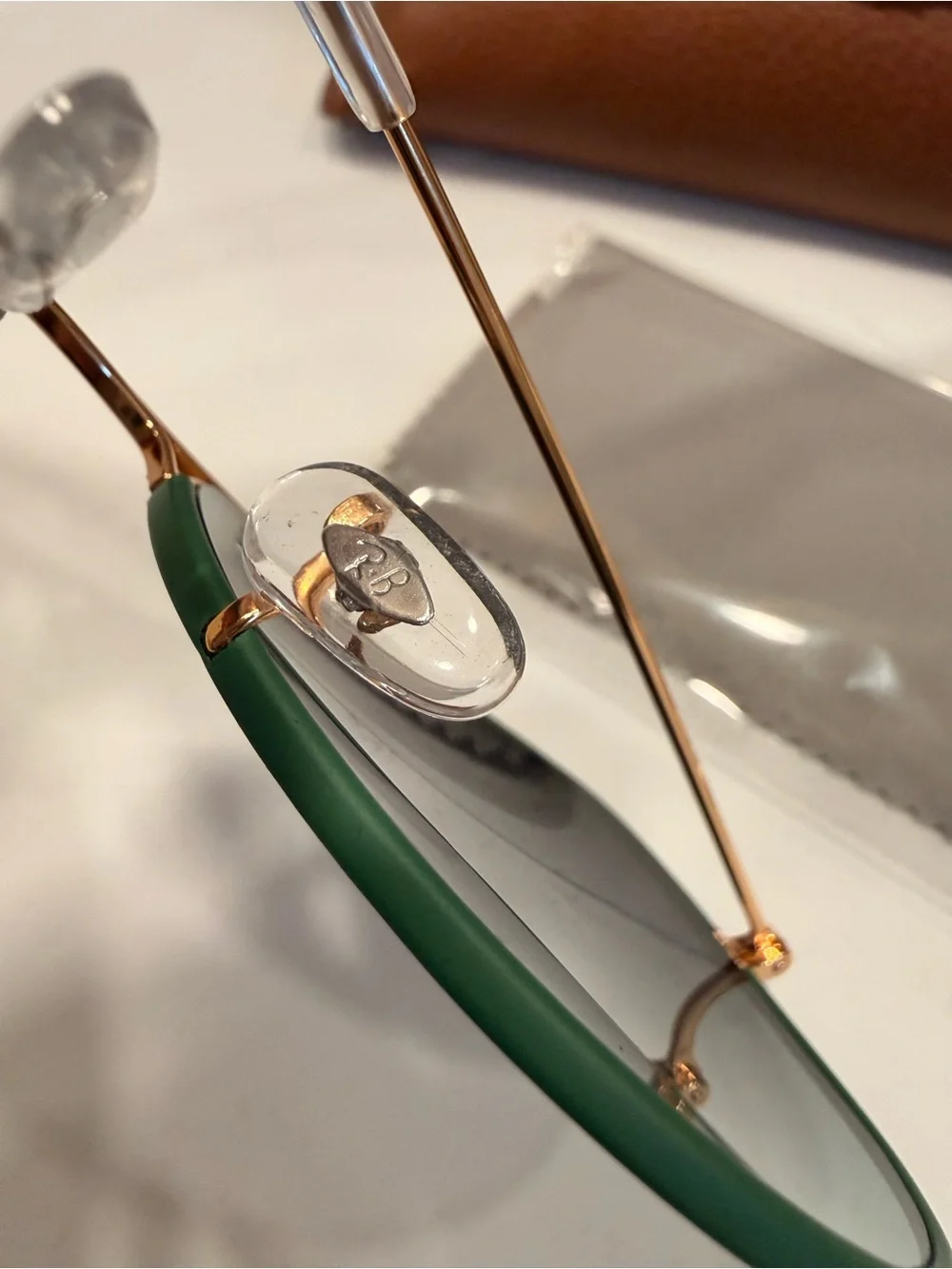 Ray-Ban Gold Frame Aviators with Green Trim and Dark Lenses